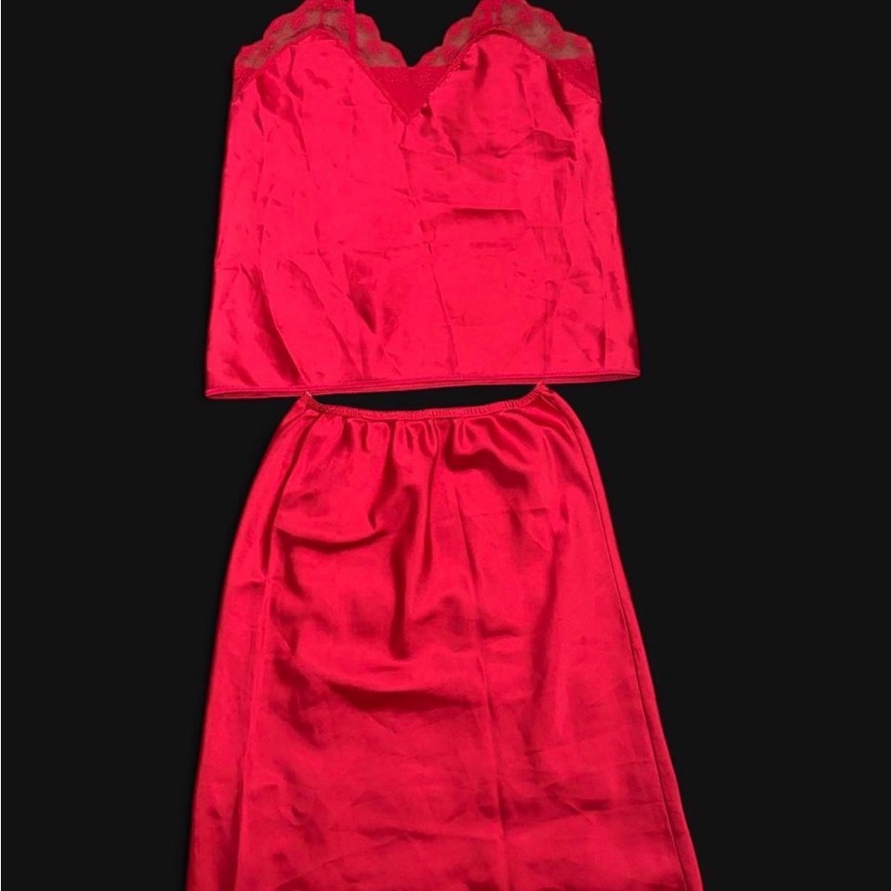 Vintage Red Satin Lace-Trim Camisole and Slip Skirt Matching Set